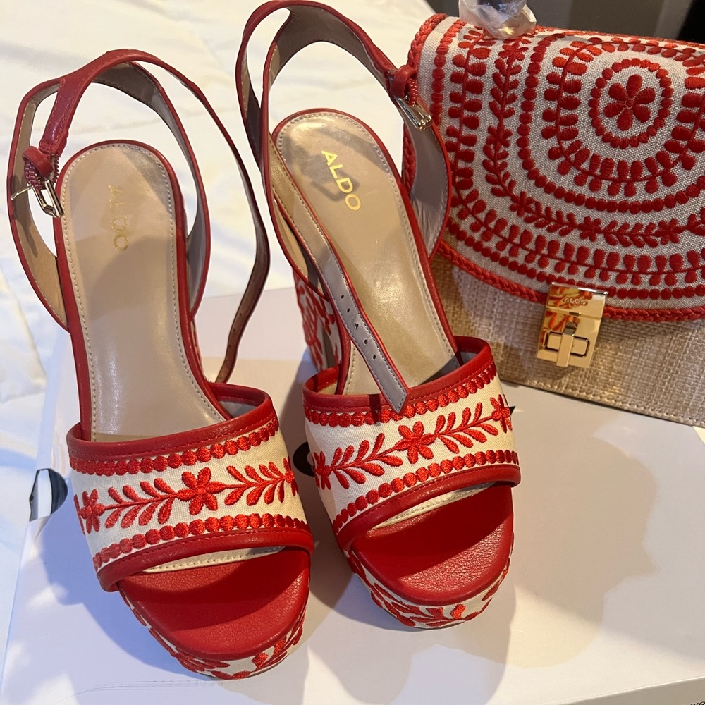 Aldo Red Embroidered Heels & Matching Bag Set